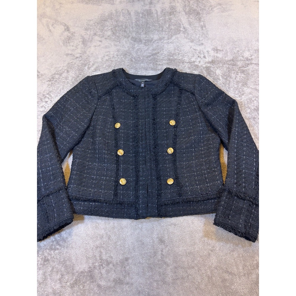 White House Black Market Cutaway Classic Black Tweed Jacket Gold Buttons Size 14